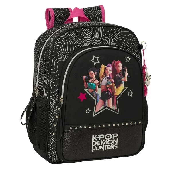 Safta K-Pop Demon Hunters Energy Mochila - 15L - Adaptable a Carro - Bolsillo Frontal - Portabotellas - Cremallera con Doble Tirador - Asa de Mano - Espalda Acolchada - 32x38x12cm - Color Negro y Rosa