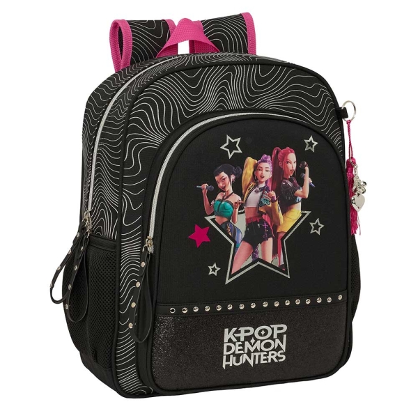 Safta K-Pop Demon Hunters Energy Mochila - 15L - Adaptable a Carro - Bolsillo Frontal - Portabotellas - Cremallera con Doble Tirador - Asa de Mano - Espalda Acolchada - 32x38x12cm - Color Negro y Rosa