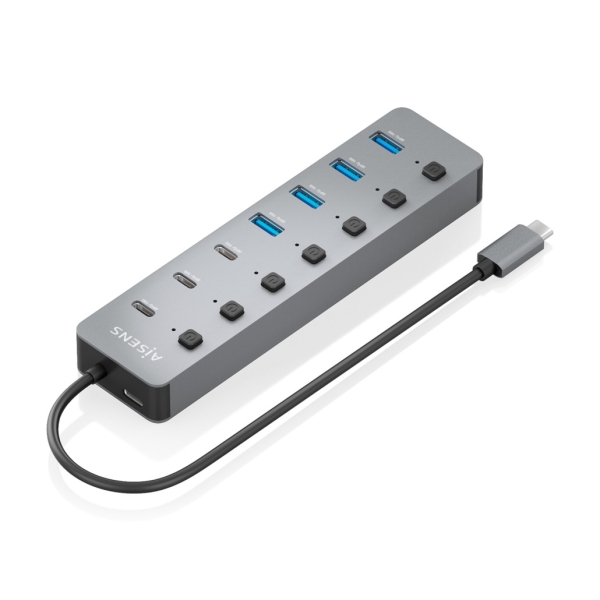 Aisens Hub USB-C 3.2 Gen2 10G - 4xUSB-A - 3xUSB-C - 1xUSB-C PD3.0 100W - Botones de Encendido/Apagado en Cada Puerto - 30cm - Color Gris