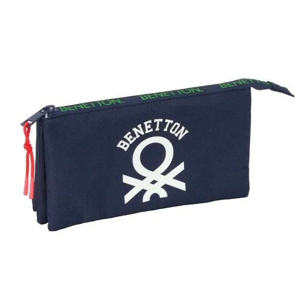 Safta Benetton Together Portatodo - 3 Compartimentos con Cremalleras - Bolsillo Interior - 0.6L - 220x30x120mm - Color Azul Marino