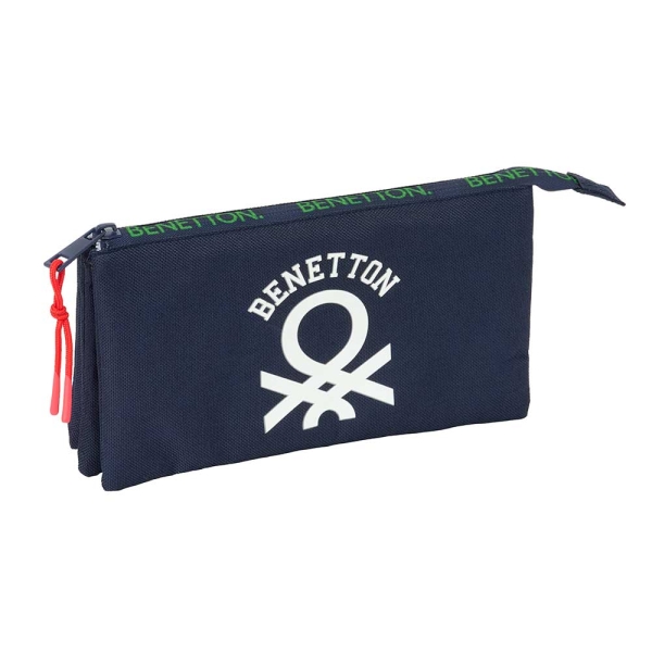 Safta Benetton Together Portatodo - 3 Compartimentos con Cremalleras - Bolsillo Interior - 0.6L - 220x30x120mm - Color Azul Marino