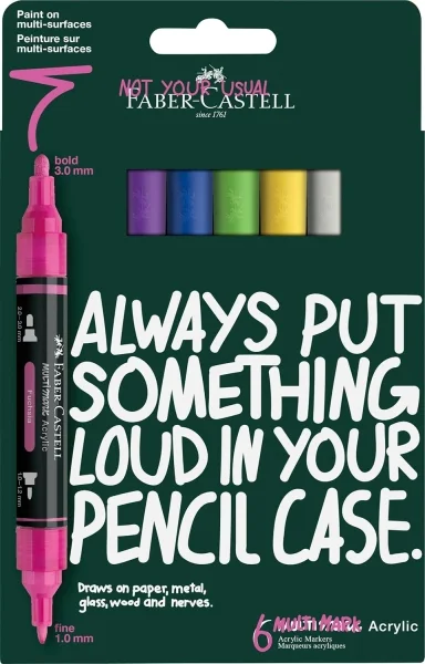 Faber-Castell Multimark Acrylic Pack con 6 Rotuladores Acrilicos Doble Punta - Puntas Redondas de 1mm y 3mm - Tinta Acrilica a Base de Agua - Colores Vibrantes Surtidos