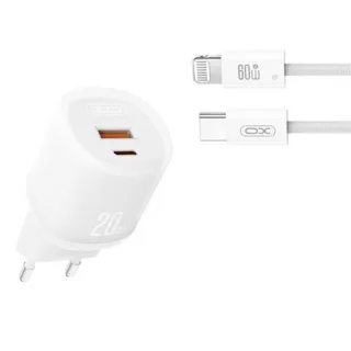 XO L144 Cargador de Corriente 20W - USB-A y USB-C - PD 3.0 - Incluye Cable USB-C a Lightning - Color Blanco