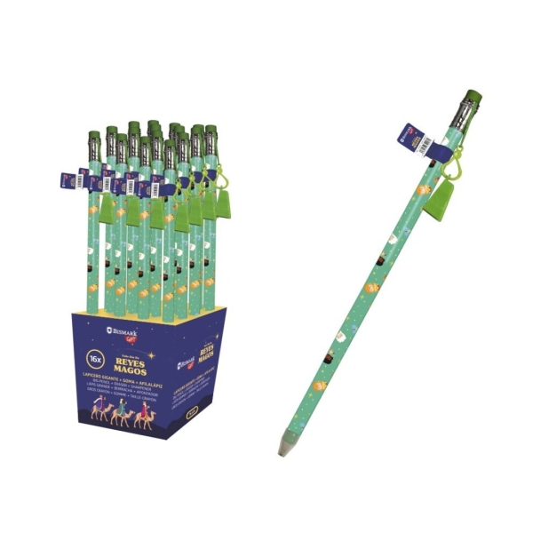 Bismark Lapiz Gigante Diseño Reyes Magos - Con Goma de Borrar y Sacapuntas - Medidas 38x1.5cm · Pack de 16 uds.