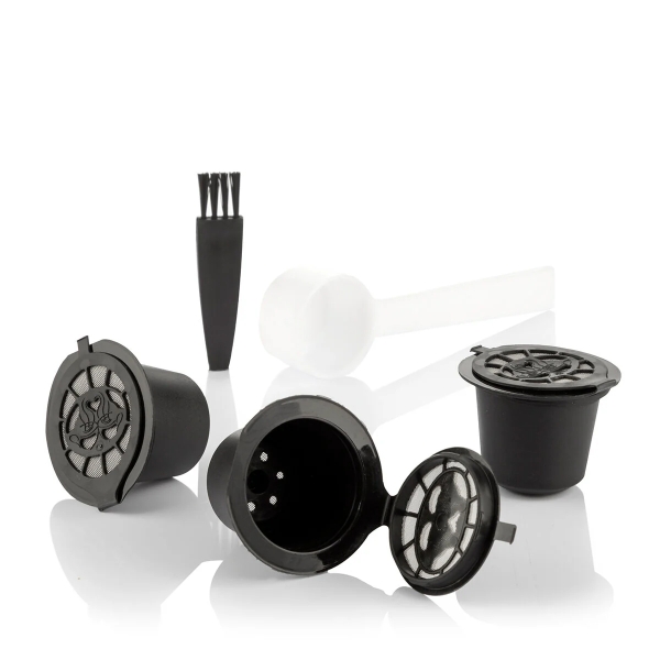Innovagoods Recoff Pack de 3 Capsulas de Cafe Reutilizables - Acero Inoxidable - Facil Limpieza - Compatible con Cafeteras Nespresso - Sostenible y Ecologico - 3.9x3cm - Color Negro