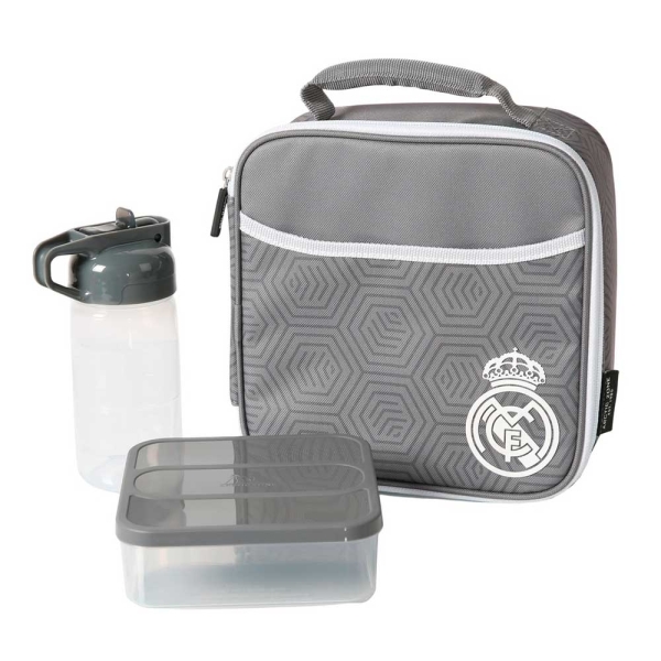 Safta Real Madrid Bolsa Isotermica Porta Alimentos - Cremallera - Incluye Recipiente de 650ml - Botella de 335ml - Bolsillo Interior - Asa de Mano - 21x21.6x9.5cm - Color Gris