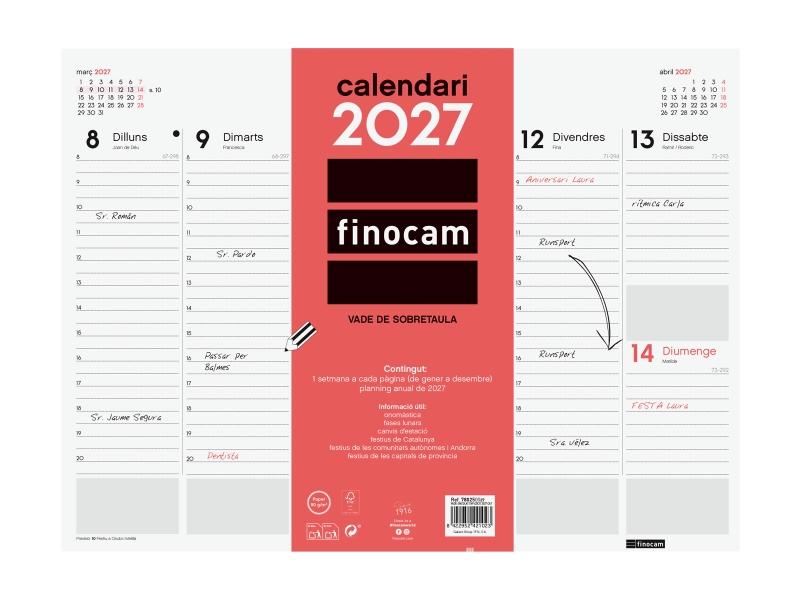Finocam Neutro Vade Calendario en Catalan - Anual 2027 - Semana Vista Vertical - 420x310mm - Encolado - Papel de 90g/m2 - Espacio para Notas - Color Rojo y Blanco