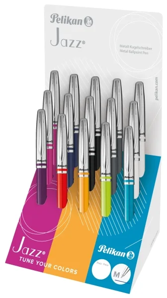 Pelikan Jazz Classic Expositor con 15 Boligrafos Retractiles - Trazo de 1mm - Mecanismo de Giro - Capuchon y Clip Cromados - Recambio 337M Negro - Colores Surtidos