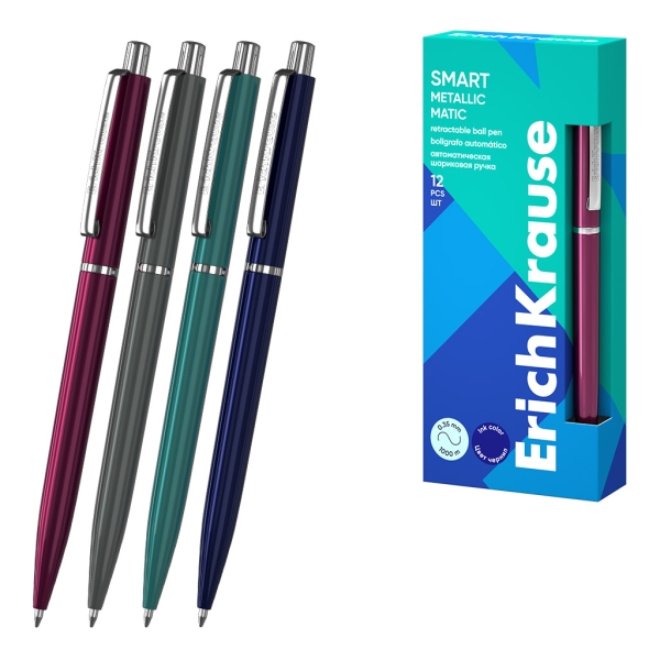 ErichKrause Smart Matic Metallic Boligrafo Retractil - Modelos Surtidos - Trazo 0.35mm - Color Azul · Pack de 12 uds.