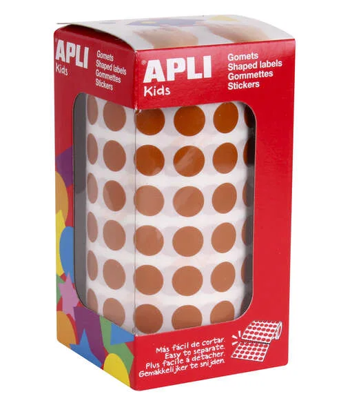 Apli Rollo con 5.192 Gomets Redondos Ø 10.5mm - Ideal para Escuelas y Talleres Infantiles - Adhesivo Permanente Base Agua - Normas EN-71 y FSC - Color Marron