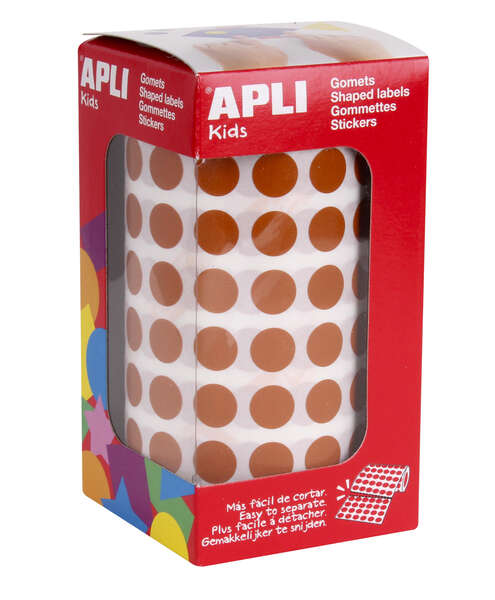 Apli Rollo con 5.192 Gomets Redondos Ø 10.5mm - Ideal para Escuelas y Talleres Infantiles - Adhesivo Permanente Base Agua - Normas EN-71 y FSC - Color Marron