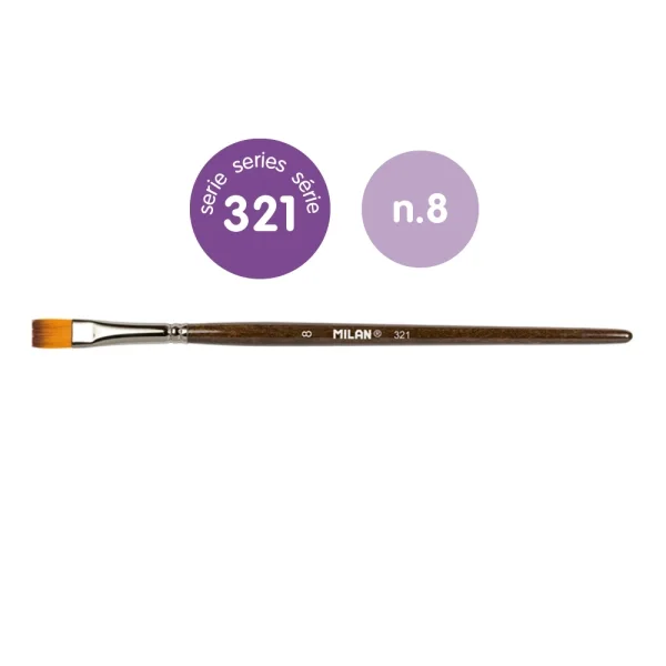 Milan 321 Pack de 6 Pinceles Planos Numero 8 - Bolsa con Colgador - Pelo Sintetico - Color Madera Oscuro