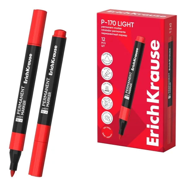 ErichKrause P-170 light Rotulador Permanente - Punta Conica - Trazo de 2.5mm - Resistente al Agua y a la Luz - Multisuperficie - Cuerpo Triangular - Secado Rapido - Color Rojo · Pack de 12 uds.