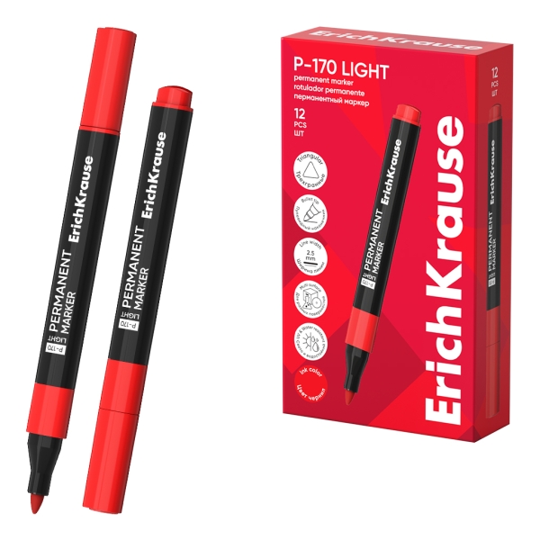 ErichKrause P-170 light Rotulador Permanente - Punta Conica - Trazo de 2.5mm - Resistente al Agua y a la Luz - Multisuperficie - Cuerpo Triangular - Secado Rapido - Color Rojo · Pack de 12 u