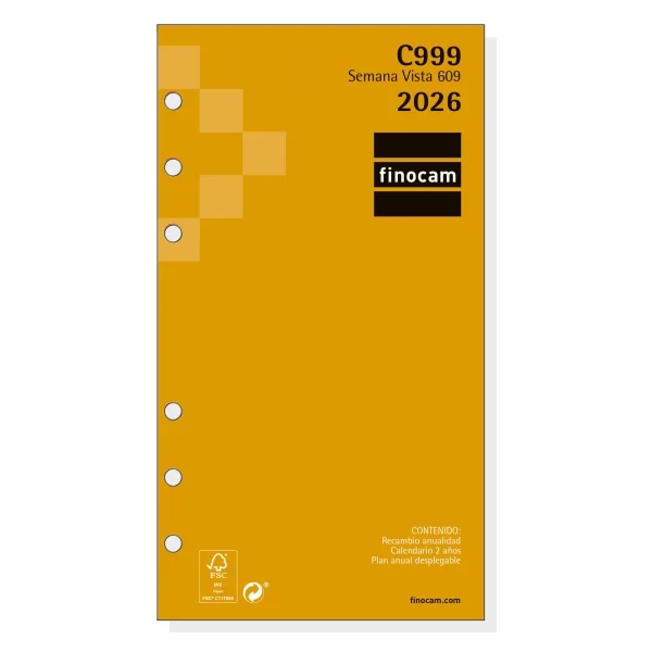 Finocam C999 Recambio para Agendas Classic - Anual 2026 - Hojas Microperforadas - Formato 609 - 94x6x171mm - Semana Vista Horizontal - Color Blanco