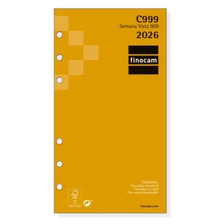 Finocam C999 Recambio para Agendas Classic - Anual 2026 - Hojas Microperforadas - Formato 609 - 94x6x171mm - Semana Vista Horizontal - Color Blanco