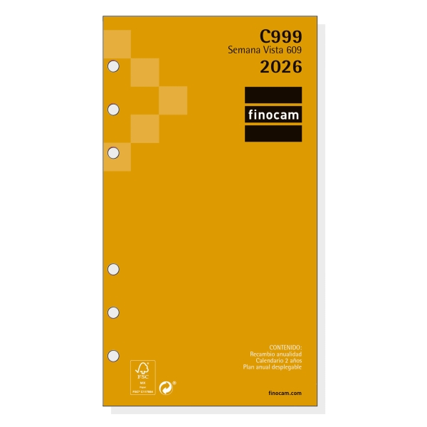 Finocam C999 Recambio para Agendas Classic - Anual 2026 - Hojas Microperforadas - Formato 609 - 94x6x171mm - Semana Vista Horizontal - Color Blanco