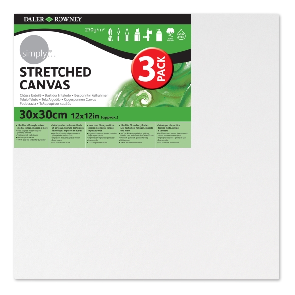 Daler Rowney Simply Pack de 3 Bastidores Entelados- 30x30cm - Imprimacion Triple - Grano Medio - 100% Algodon sin Acido - 250g - Color Blanco