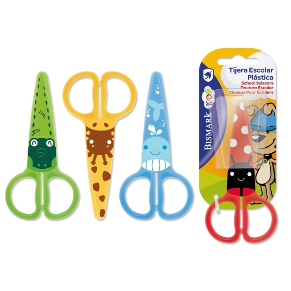 Bismark Kids Plastica Tijera Escolar de Plastico - Decoradas con Animales - Punta Roma - 4 Diseños Surtidos · Pack de 24 uds.