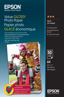 Epson Value Glossy Photo Pack de 50 Hojas de Papel Fotografico - A4 - Gramaje de 183g/m2 - Acabado Brillante - Compatible con Impresoras Inkjet - Color Blanco