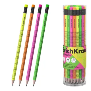 ErichKrause 2x2 Neon Lapiz de Grafito con Goma de Borrar - Mina HB de 2.2mm - Cuerpo Redondo - Colores Surtidos · Pack de 42 uds.