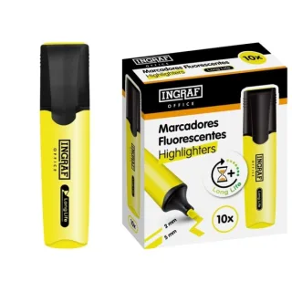 Ingraf Long-Life Marcador Fluorescente - Punta Biselada - Trazo 2-5mm - Tinta Base de Agua - Color Amarillo · Pack de 10 uds.