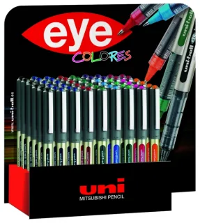 Uni-ball UB-157 Eye Fine Expositor de 54 Boligrafos de Tinta Liquida - Punta de Bola 0.7mm - Tinta Resistente al Agua y Luz - Sistema de Control de Tinta - Ventana de Nivel de Tinta - Colore