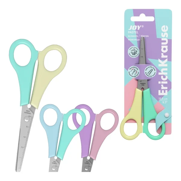 ErichKrause JOY Pastel Tijeras de 13.5cm - Puntas Redondeadas - Regla de 5cm en la Hoja - Mangos de Plastico Resistente a Golpes - Acero Inoxidable - Colores Surtidos