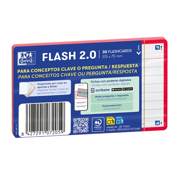 Oxford Pack de 30 FlashCards 2.0 - Formato A7 - Rayado Horizontal 1 Linea - Cartulina de 250g - Digitalizacion de Textos con App - Color Rojo