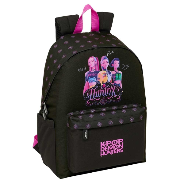 Safta K-Pop Demon Hunters Mochila para Portatiles hasta 14.1" - Portabotellas - Cremallera con Doble Tirador - Asa de Mano - Bolsillo Frontal - Acolchada - 31x43x13cm - Color Negro y Rosa