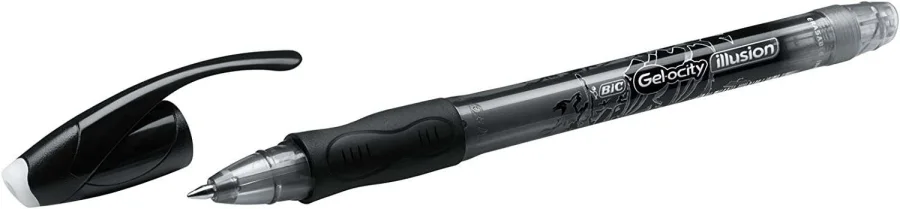 Bic Gel-ocity Illusion Boligrafo de Tinta Gel Borrable - Punta Media de 0.7mm - Recargable - Grip de Goma - Clip de Plastico - Color Negro · Pack de 12 uds.