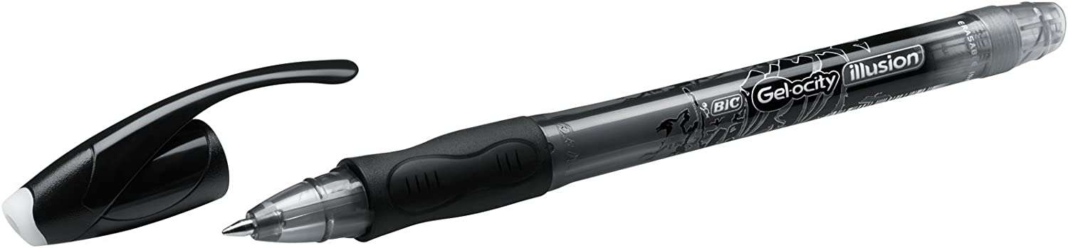 Bic Gel-ocity Illusion Boligrafo de Tinta Gel Borrable - Punta Media de 0.7mm - Recargable - Grip de Goma - Clip de Plastico - Color Negro · Pack de 12 uds.