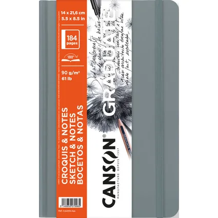 Canson Graduate Sketch Cuaderno con 92 Hojas - 14x21.6cm - 90g - Grano Fino - Tapa Dura - Color Gris Claro