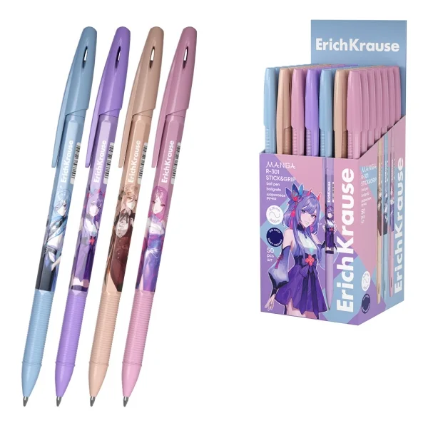 ErichKrause R-301 Stick and Grip Manga Boligrafo con Capuchon - Modelos Surtidos - Trazo 0.35mm - Zona de Agarre de Goma - Tinta de Secado Rapido - Tapa Ventilada - Color Azul · Pack de 50 uds.