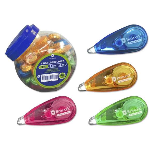 Bismark Mini Cinta Correctora 5mm x 8m - Cuerpo Transparente de Colores · Pack de 48 uds.