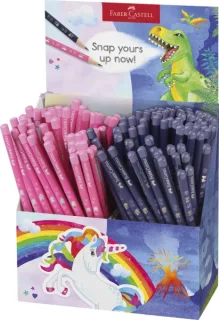Faber-Castell Expositor de 144 Lapices de Grafito HB - Diseños con Motivos de Dinosaurios y Unicornios - Colores Surtidos
