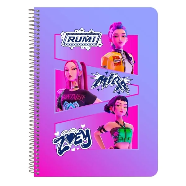 Safta K-Pop Demon Hunters Libreta con Espiral - Formato Cuarto - 80 Hojas de 80g/m2 - Cuadricula 4x4mm - Tapas Duras Glasofonadas - 15.5x22x1cm - Multicolor