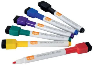 Nobo Pack con 6 Mini Rotuladores para Pizarra Blanca con Tapa Borrador Magnetica - Punta Fina 2mm - Destaca en Pizarras Blancas - Colores Surtidos