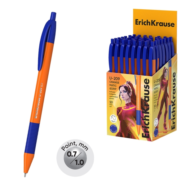 ErichKrause U-209 Matic and Grip Orange Boligrafo Retractil - Punta de 0.7mm - Cuerpo Opaco Naranja - Trazo 0.26mm - Zona de Agarre de Goma - Color Azul · Pack de 50 uds.