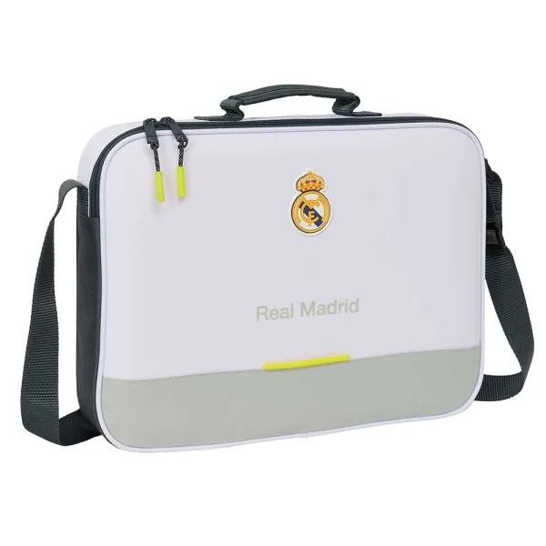 Safta Real Madrid Maletin con Cremallera de 6L - Bandolera Ajustable - Asa de Mano Forrada - Fondo Semirigido Extraible - 38x28x6cm - Color Blanco y Negro