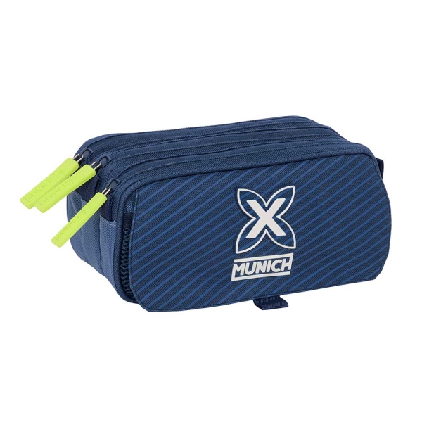 Safta Munich Blue Indigo Portatodo - 3 Compartimentos con Cremalleras - Bolsillo Frontal - Cinta Adaptable - 1.72L - 215x80x100mm - Color Azul Marino