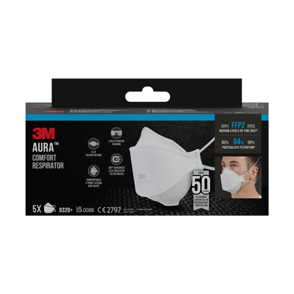 3M Aura Pack de 5 Mascarillas para Particulas FFP2 - Desechable - Sin Valvula - Para Niveles Medios de Particulas - Color Blanco