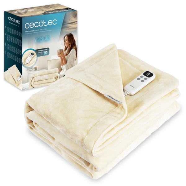 Cecotec HeatConfort Calma Manta Electrica - 115W - Tecnologia PTC y NTC - 10 Niveles de Calor - Temporizador - Apagado Automatico - Controlador Extraible - Lavable a Maquina - 160x130cm - Co