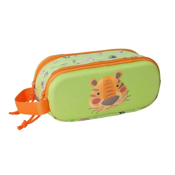 Safta Tiger Estuche Portatodo 3D de 1L - 2 Compartimentos - Cierre de Cremallera - Asa de Mano - 21x8x6cm - Color Verde Claro