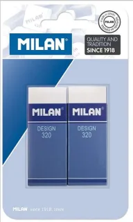 Milan Nata 320 Pack de 2 Gomas de Borrar Rectangulares - Plastico - Faja de Carton Azul - Todo tipo de Superficies - Color Blanco