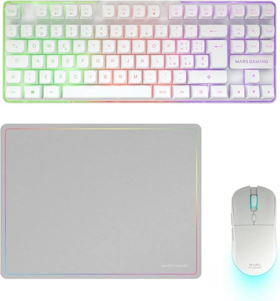 Mars Gaming MCPWTKL Combo Pack Gaming 3en1 - Teclado Hibrido H-Mech Formato TKL - Disposicion Portuguesa QWERTY PT - Raton 3200dpi - Switches HUANO - Color Blanco