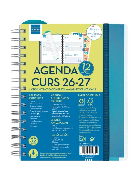 Finocam Magistral Agenda Escolar 26/27 en Catalan - Semana Vista Horizontal - Formato 4º - 155x212mm - Tapas de Polipropileno - Papel de 80g/m2 - Espiral - Esquinas Microperforadas - Color Azul