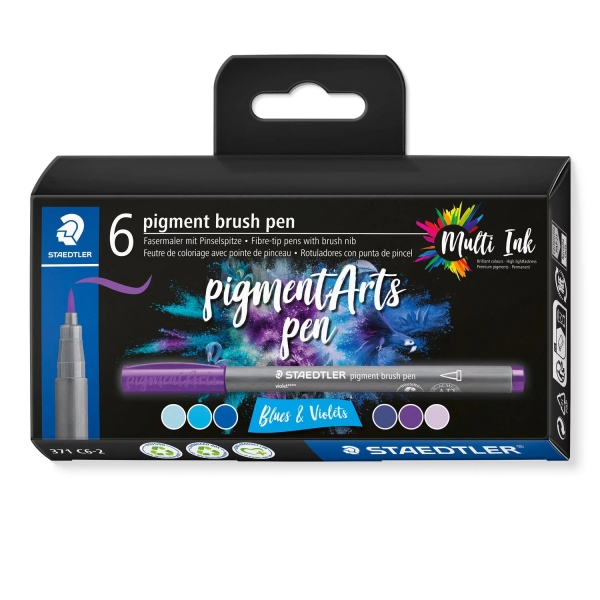 Staedtler 371 Pack de 6 Rotuladores Punta de Pincel Suave - Colores Vivos y Brillantes - No Amarillea con el Paso del Tiempo - Nueva Tinta Multi Ink - Pigmentos de Primera Calidad - Colores