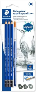 Staedtler Mars Lumograph Aquarell 100A Pack de 3 Lapices de Grafito + Pincel - Resistencia a la Rotura - Graduaciones Surtidas