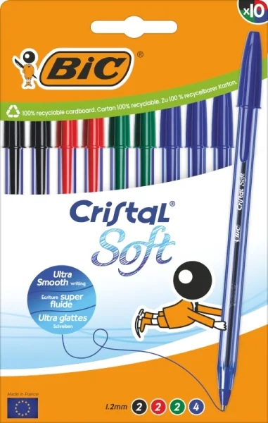 Bic Cristal Soft Pack de 10 Boligrafos de Bola - Punta Media de 1.2mm - Trazo 0.45mm - Escritura mas Fluida - Colores Surtidos